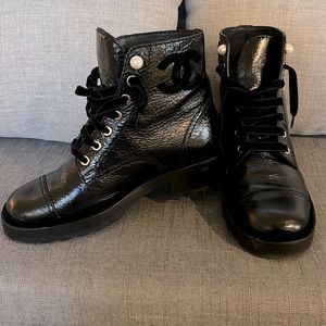 CHANEL Glossy Black Leather Moto Boots